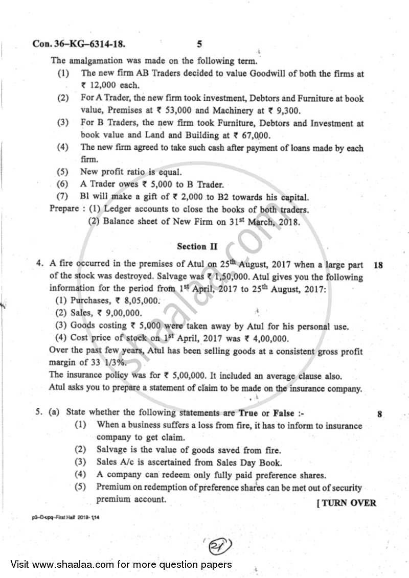 Accounts 2 - Accounting and Financial Management 2017-2018 - B.Com. - 2nd Year (SYBcom) - University of Mumbai question paper with PDF download