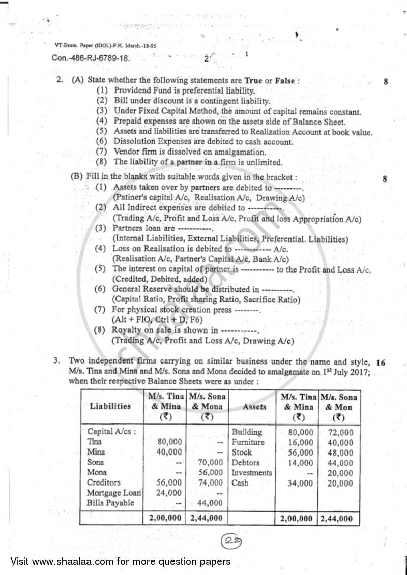 Accounts 2 - Accounting and Financial Management 2018-2019 - B.Com. - 2nd Year (SYBcom) - University of Mumbai question paper with PDF download