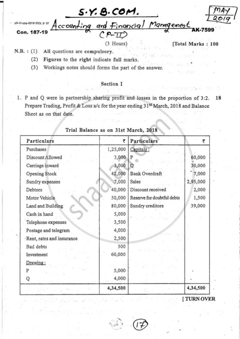 Accounts 2 - Accounting and Financial Management 2018-2019 - B.Com. - 2nd Year (SYBcom) - University of Mumbai question paper with PDF download