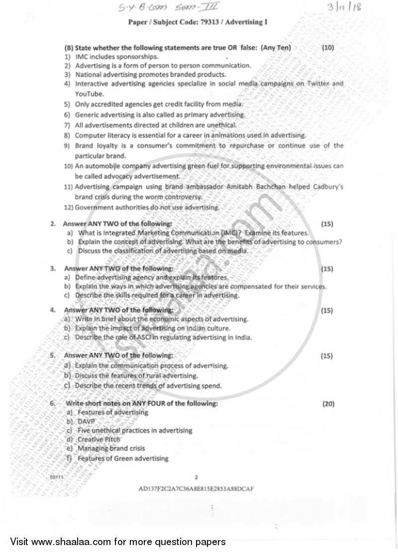 Advertising 1 2018-2019 - B.Com. - Semester 3 (SYBcom) - University of Mumbai question paper with PDF download