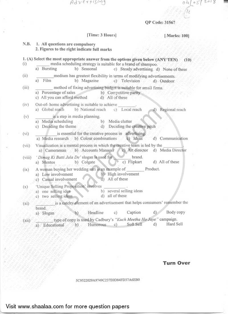 Advertising 2017-2018 - B.Com. - Semester 4 (SYBcom) - University of Mumbai question paper with PDF download
