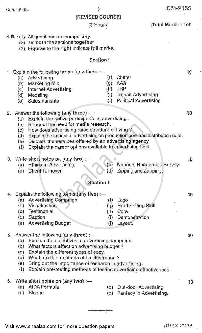 Advertising 2011-2012 - B.Com. - 2nd Year (SYBcom) - University of Mumbai question paper with PDF download