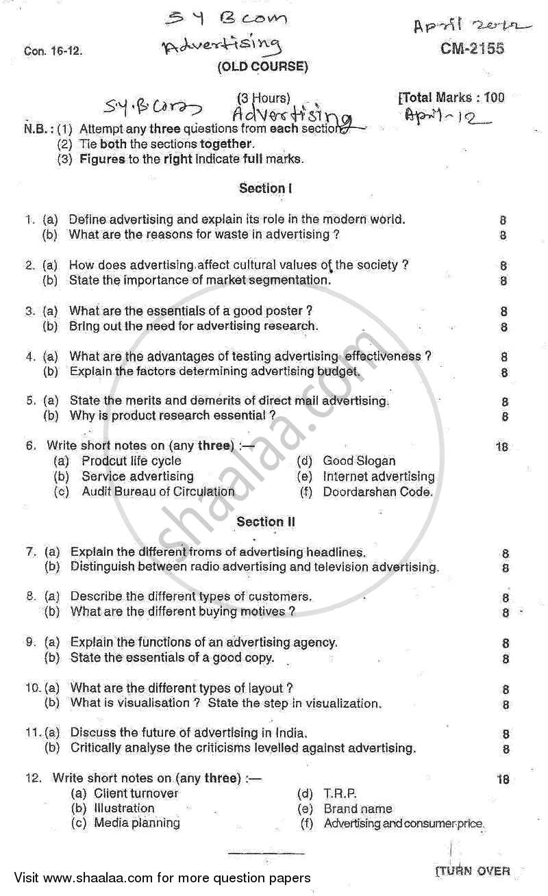 Advertising 2011-2012 - B.Com. - 2nd Year (SYBcom) - University of Mumbai question paper with PDF download