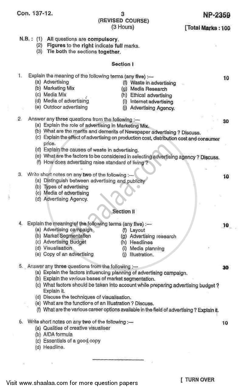 Advertising 2012-2013 - B.Com. - 2nd Year (SYBcom) - University of Mumbai question paper with PDF download