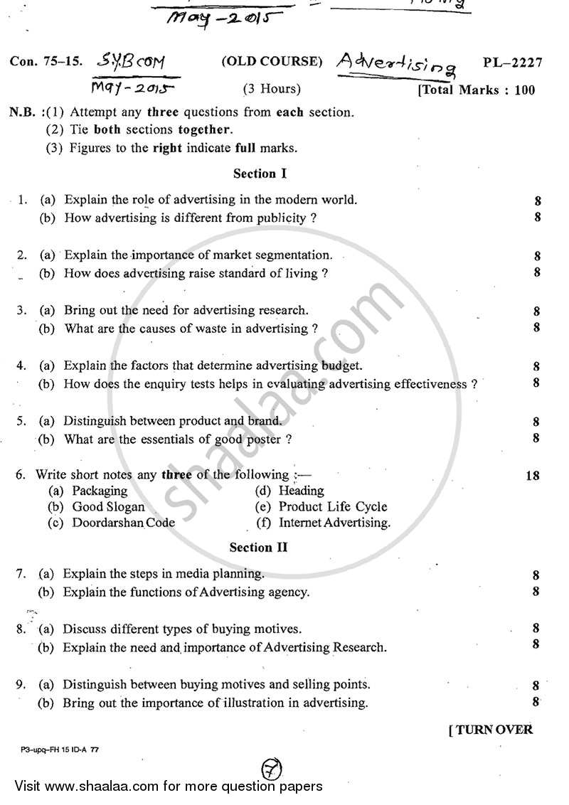 Advertising 2014-2015 - B.Com. - 2nd Year (SYBcom) - University of Mumbai question paper with PDF download