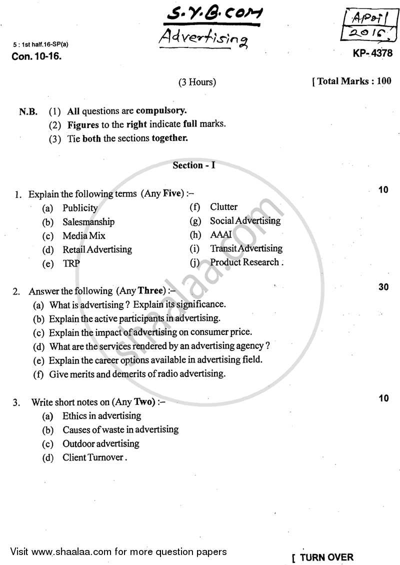 Advertising 2015-2016 - B.Com. - 2nd Year (SYBcom) - University of Mumbai question paper with PDF download