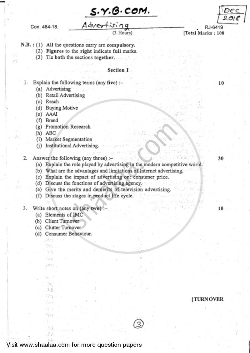 Advertising 2018-2019 - B.Com. - 2nd Year (SYBcom) - University of Mumbai question paper with PDF download