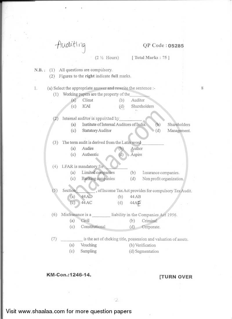 Auditing 2014-2015 - B.Com. - Semester 5 (TYBBI) - University of Mumbai question paper with PDF download