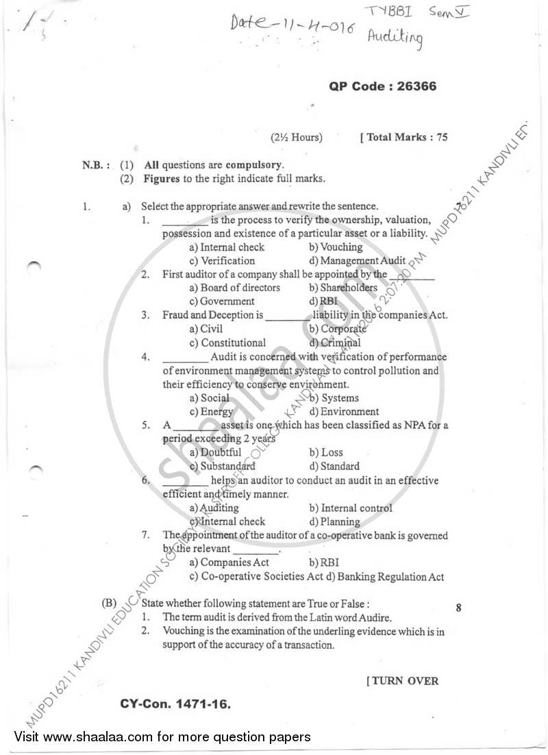 Auditing 2015-2016 - B.Com. - Semester 5 (TYBBI) - University of Mumbai question paper with PDF download