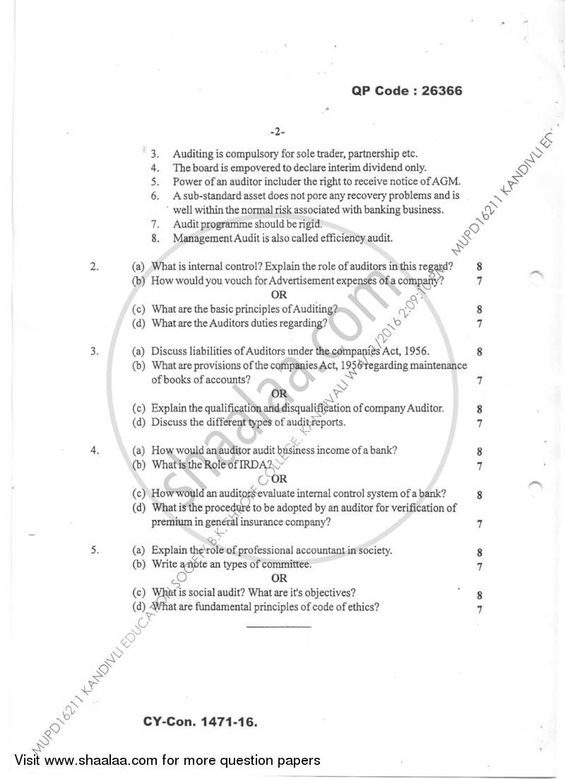 Auditing 2015-2016 - B.Com. - Semester 5 (TYBBI) - University of Mumbai question paper with PDF download