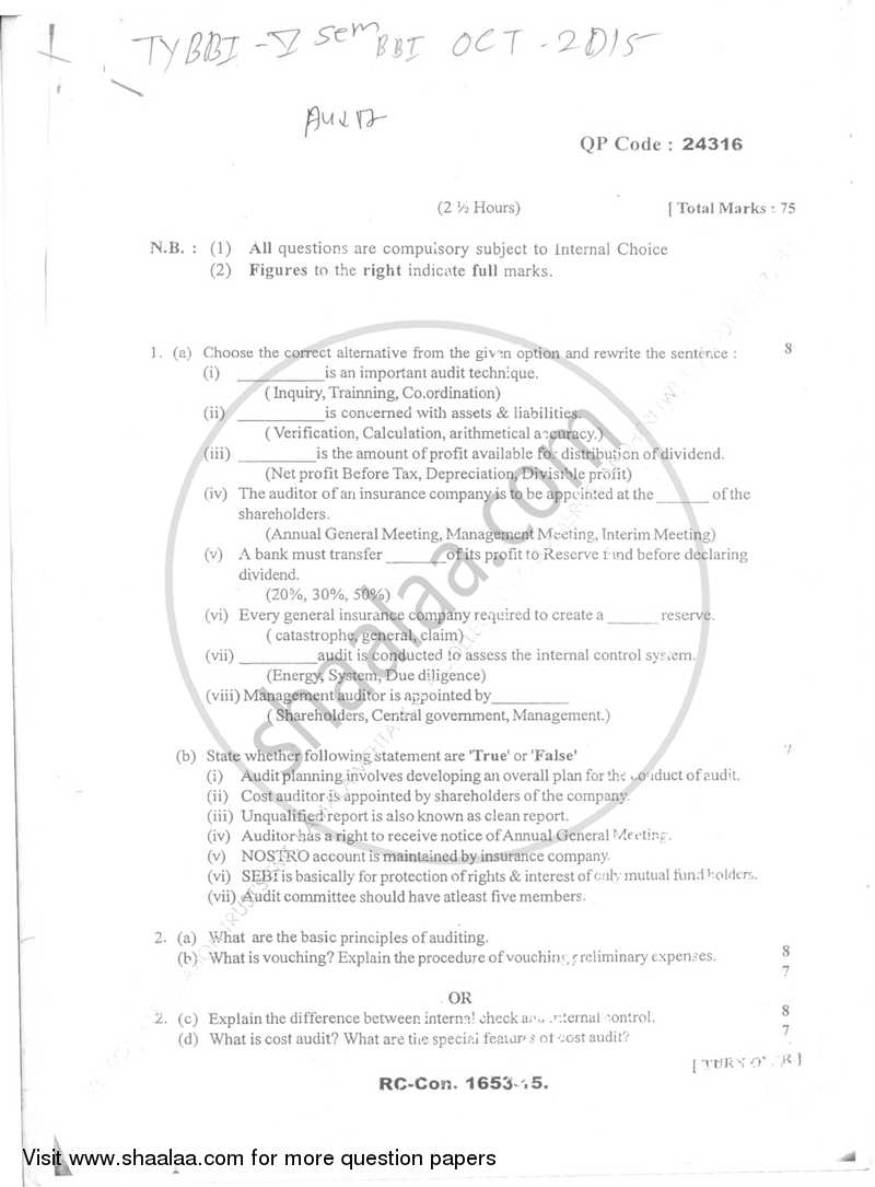 Auditing 2015-2016 - B.Com. - Semester 5 (TYBBI) - University of Mumbai question paper with PDF download