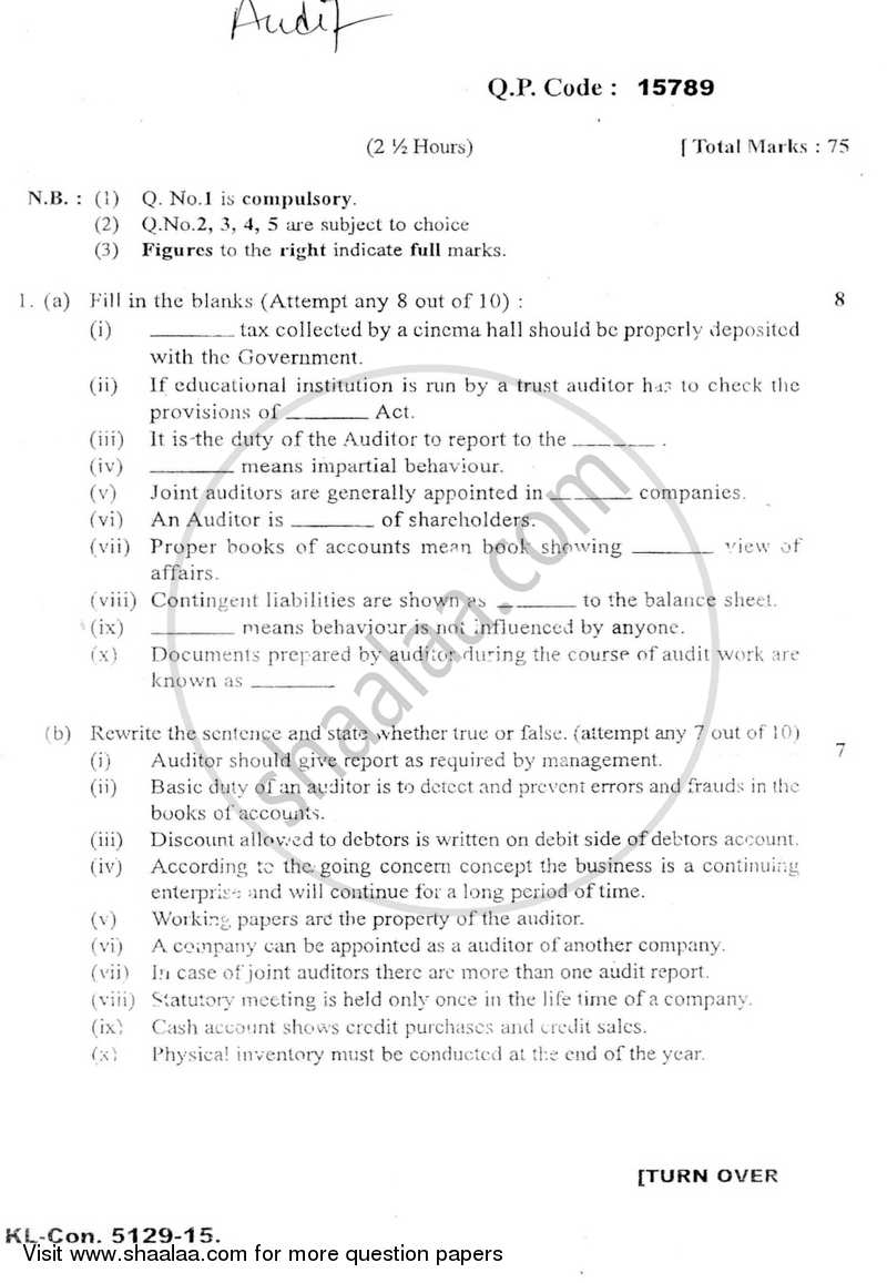 Auditing (Financial Accounting and Auditing 10) 2014-2015 - B.Com. - Semester 6 (TYBAF) - University of Mumbai question paper with PDF download