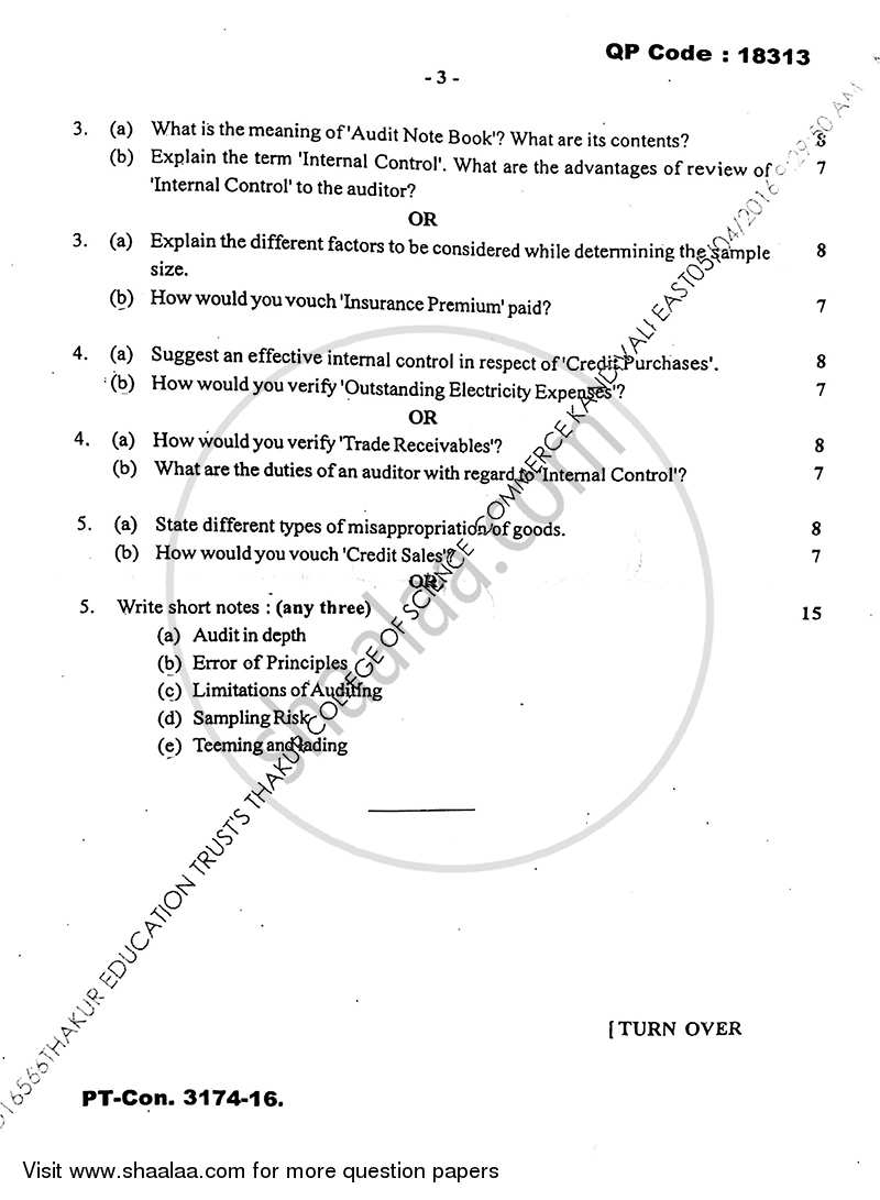 Auditing (Financial Accounting and Auditing 10) 2015-2016 - B.Com. - Semester 6 (TYBcom) - University of Mumbai question paper with PDF download