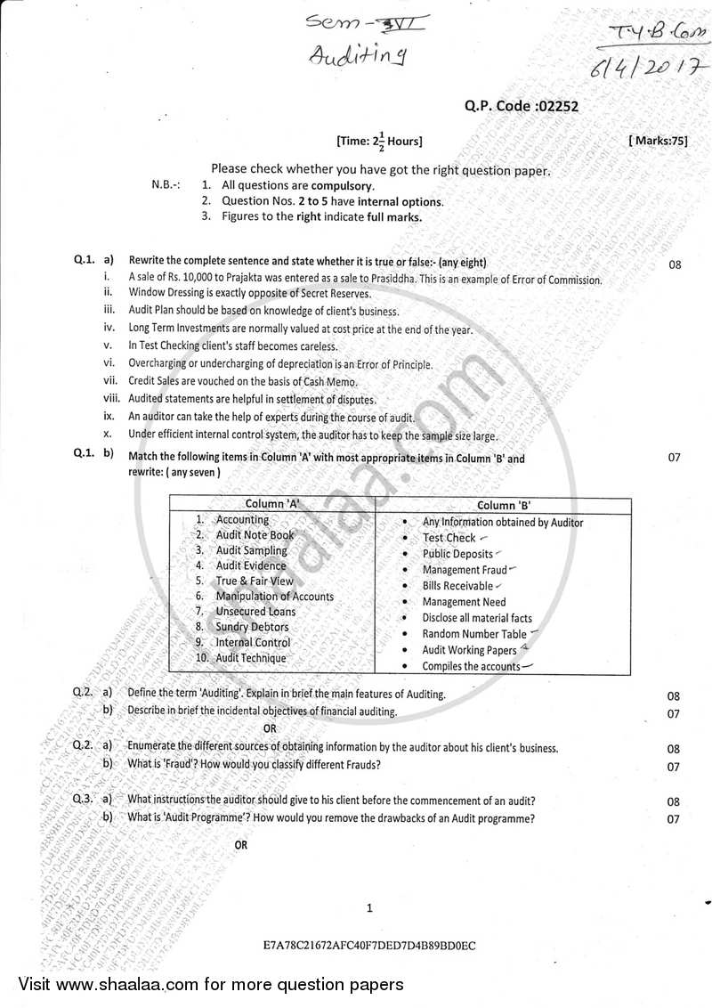 Auditing (Financial Accounting and Auditing 10) 2016-2017 - B.Com. - Semester 6 (TYBcom) - University of Mumbai question paper with PDF download