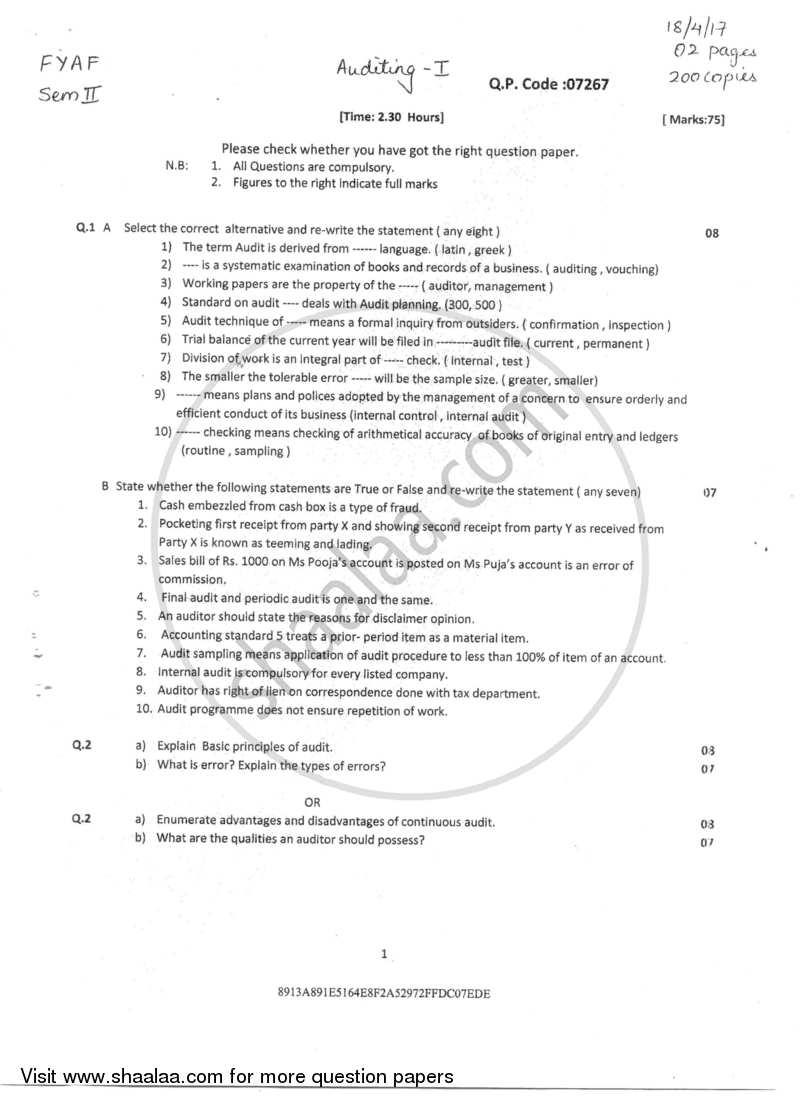Auditing- Introduction and Planning 1 2016-2017 - B.Com. - Semester 2 (FYBAF) - University of Mumbai question paper with PDF download
