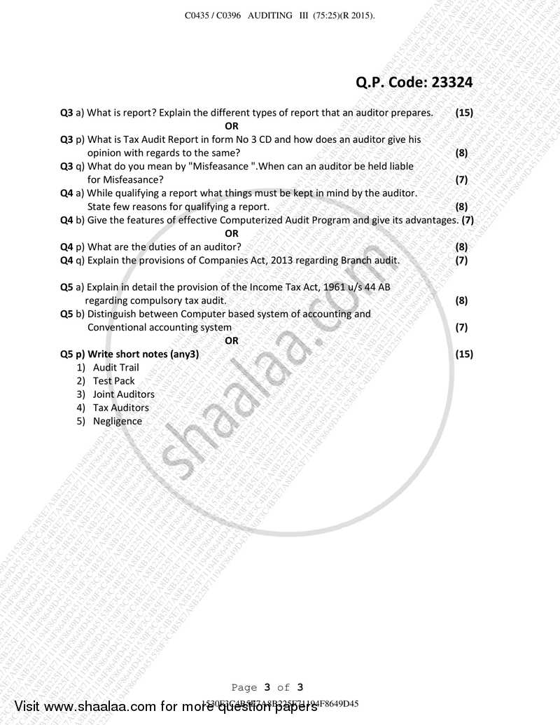 Auditing Paper 3 2017-2018 - B.Com. - Semester 5 (TYBAF) - University of Mumbai question paper with PDF download