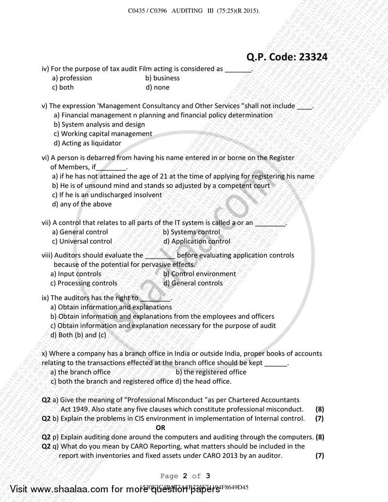 Auditing Paper 3 2017-2018 - B.Com. - Semester 5 (TYBAF) - University of Mumbai question paper with PDF download