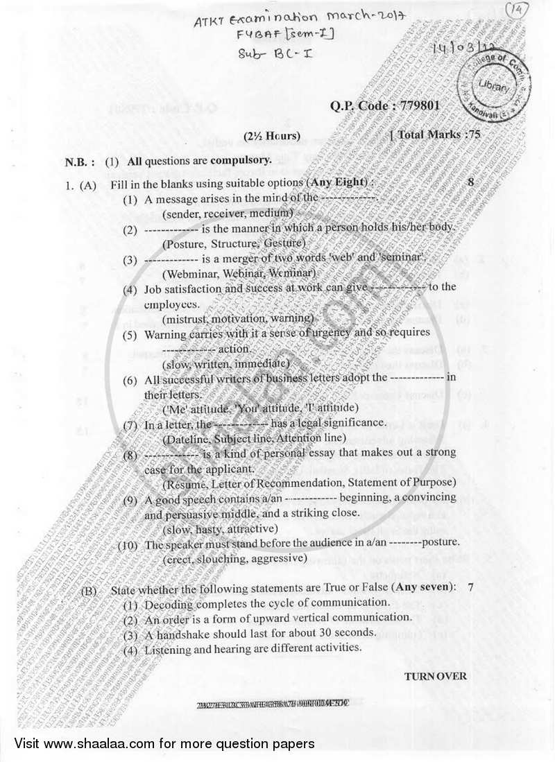 Business Communication 1 2016-2017 - B.Com. - Semester 1 (FYBAF) - University of Mumbai question paper with PDF download