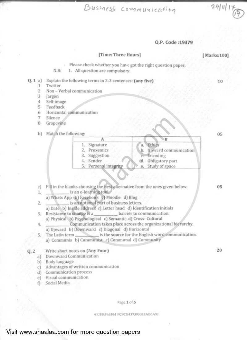 Business Communication 1 2017-2018 - B.Com. - Semester 1 (FYBAF) - University of Mumbai question paper with PDF download