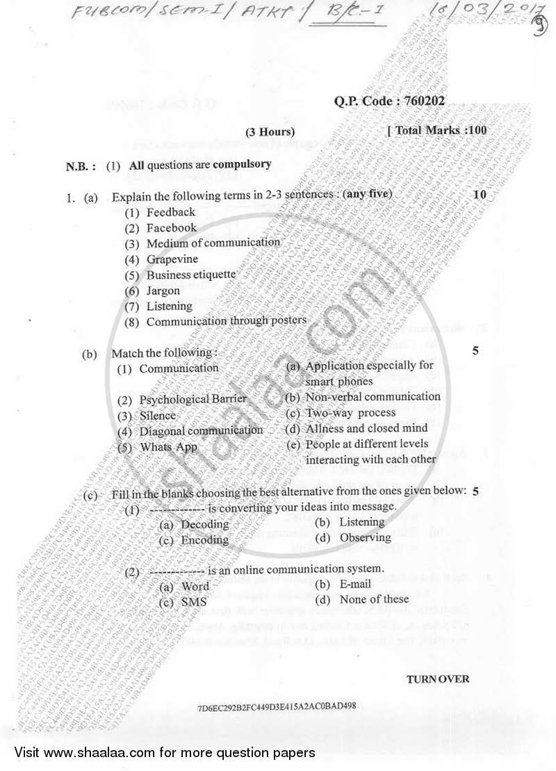 Business Communication 1 2016-2017 - B.Com. - Semester 1 (FYBcom) - University of Mumbai question paper with PDF download