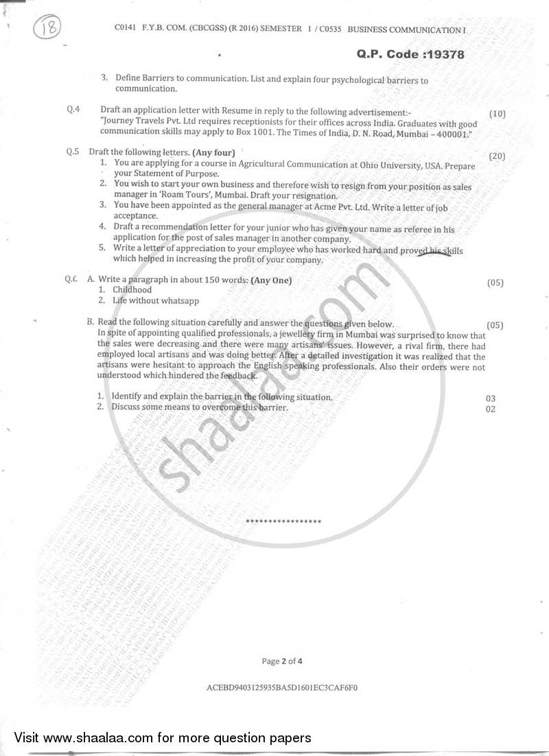 Business Communication 1 2017-2018 - B.Com. - Semester 1 (FYBcom) - University of Mumbai question paper with PDF download
