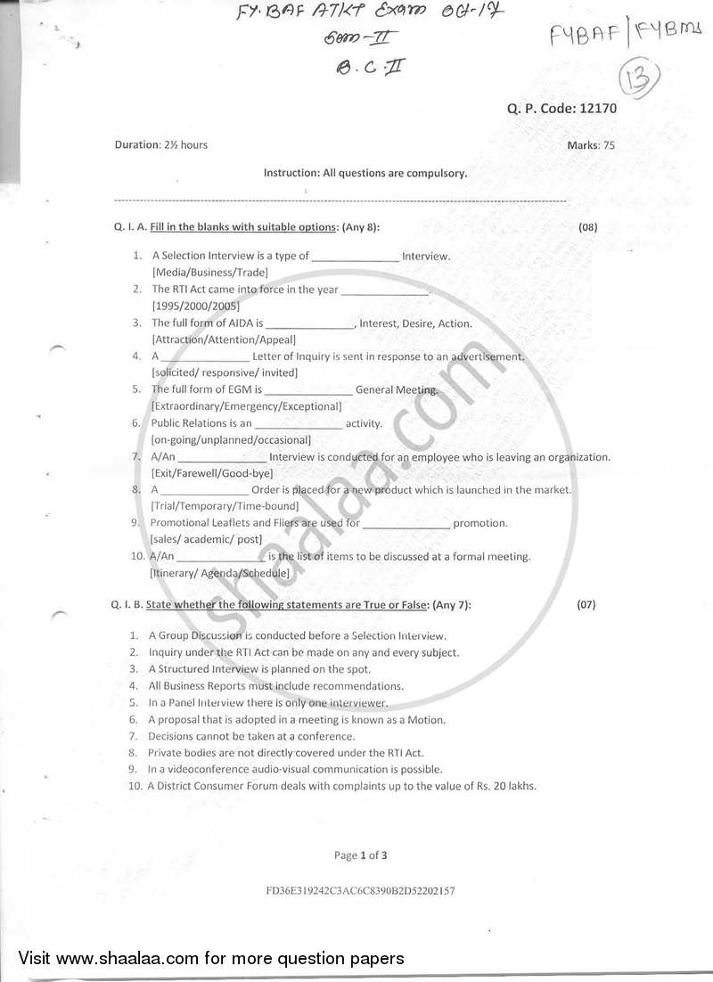 Business Communication 2 2017-2018 - B.Com. - Semester 2 (FYBAF) - University of Mumbai question paper with PDF download