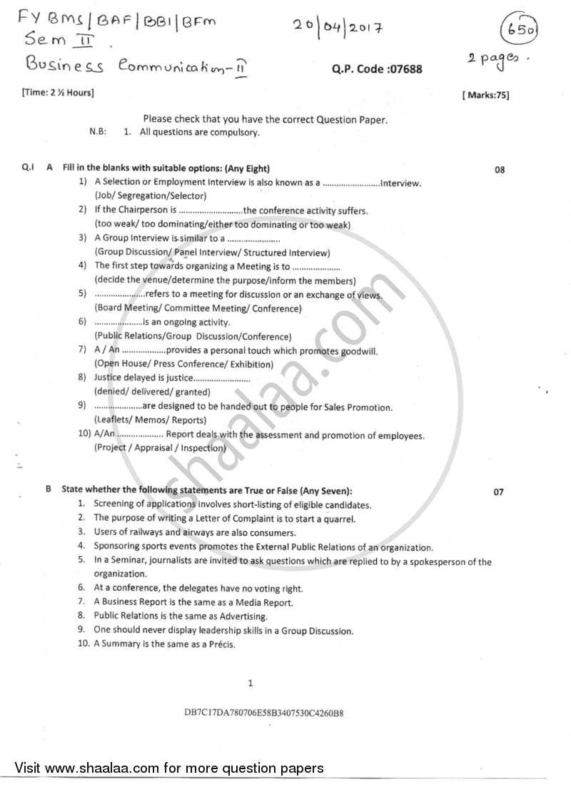 Business Communication- Applications in Business 2 2016-2017 - B.Com. - Semester 2 (FYBAF) - University of Mumbai question paper with PDF download