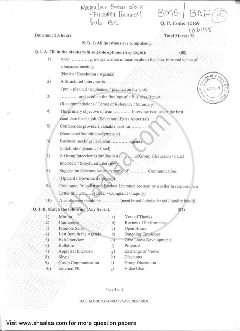 Business Communication- Applications in Business 2 2017-2018 - B.Com. - Semester 2 (FYBAF) - University of Mumbai question paper with PDF download