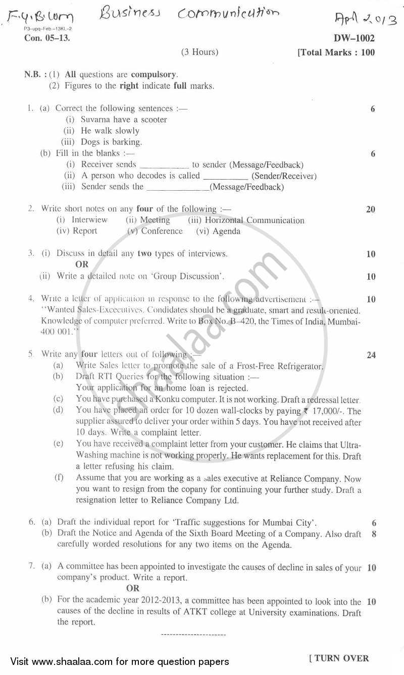 Business Communication 2012-2013 - B.Com. - 1st Year (FYBcom) - University of Mumbai question paper with PDF download