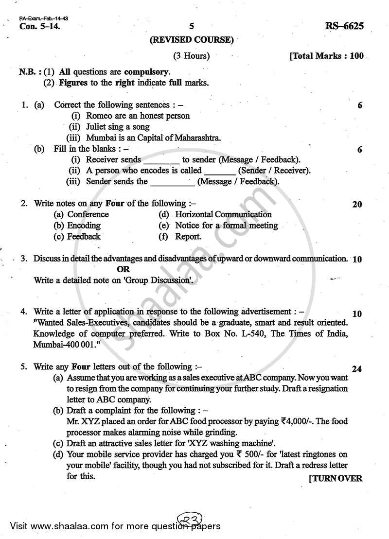 Business Communication 2013-2014 - B.Com. - 1st Year (FYBcom) - University of Mumbai question paper with PDF download