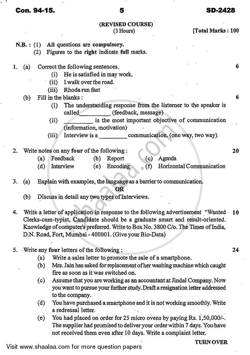 Business Communication 2014-2015 - B.Com. - 1st Year (FYBcom) - University of Mumbai question paper with PDF download