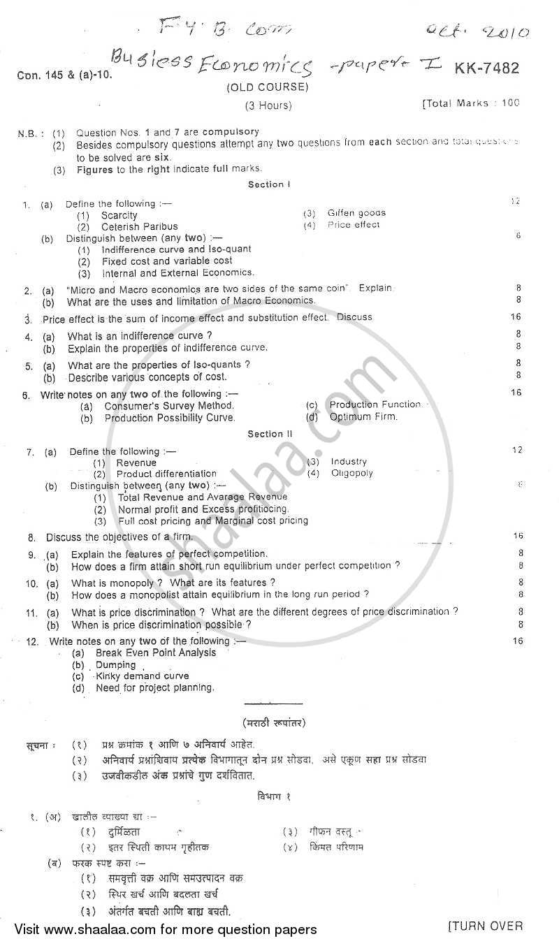 Business Economics 1 2010-2011 - B.Com. - 1st Year (FYBcom) - University of Mumbai question paper with PDF download