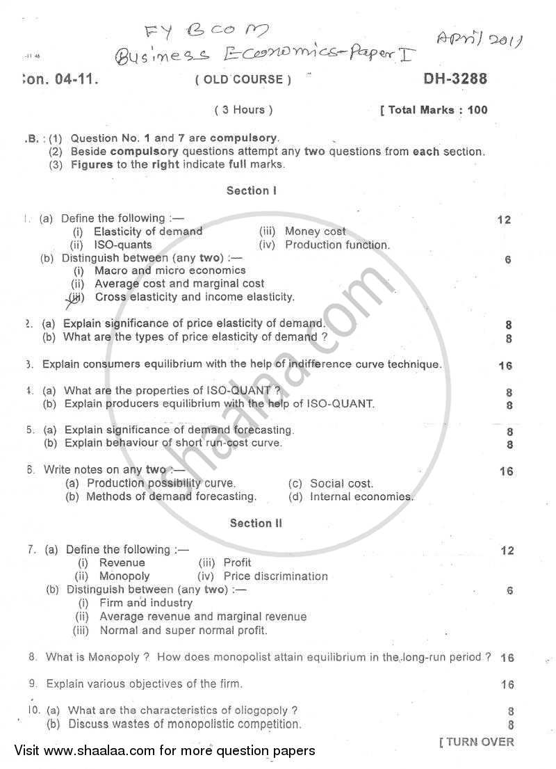Business Economics 1 2010-2011 - B.Com. - 1st Year (FYBcom) - University of Mumbai question paper with PDF download