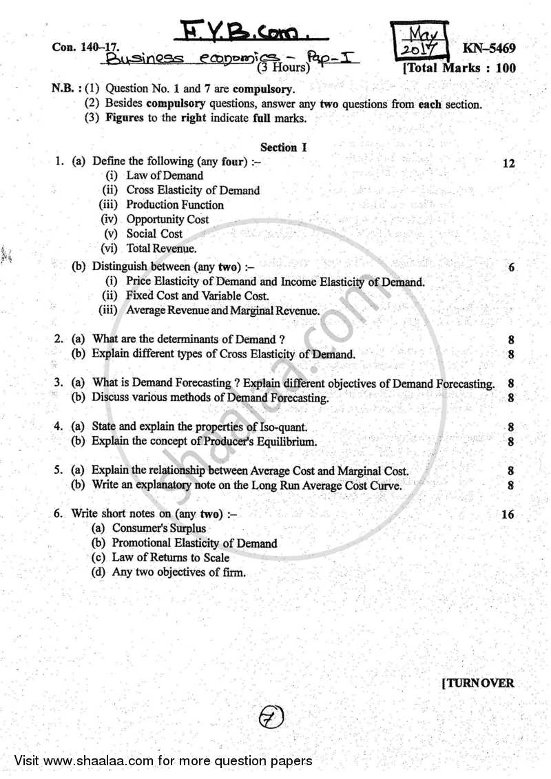 Business Economics 1 2016-2017 - B.Com. - 1st Year (FYBcom) - University of Mumbai question paper with PDF download