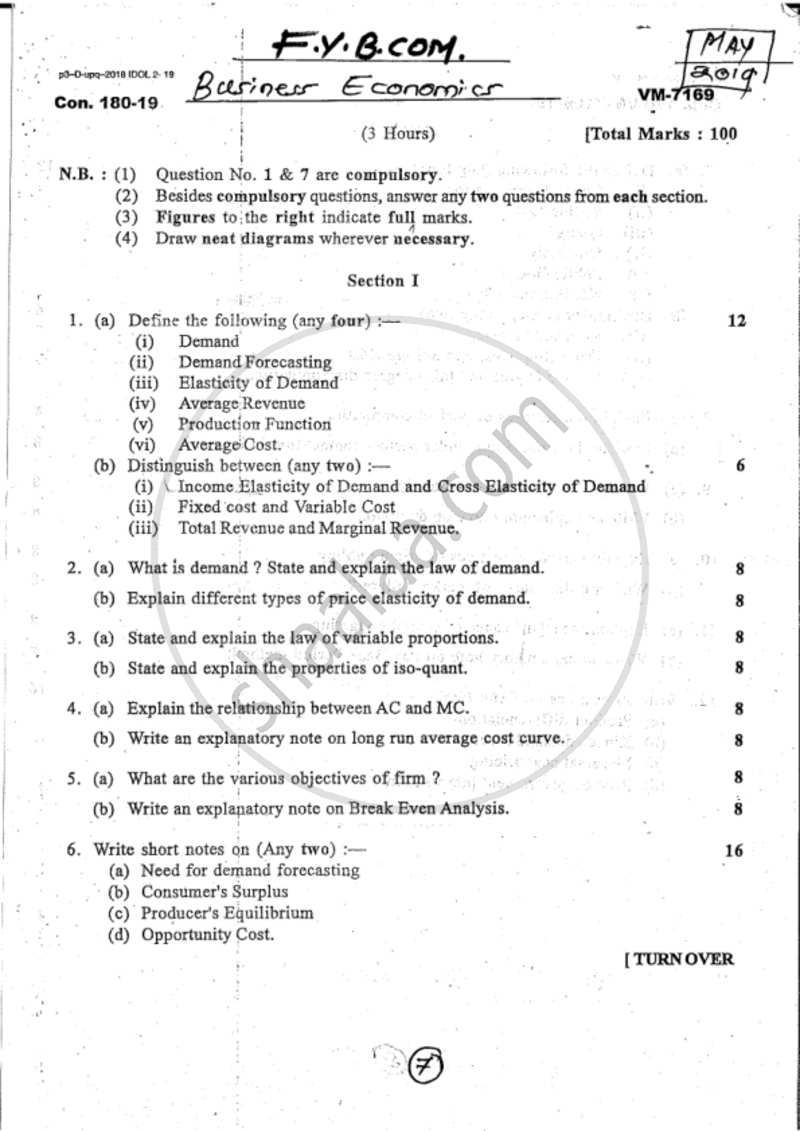 Business Economics 1 2018-2019 - B.Com. - 1st Year (FYBcom) - University of Mumbai question paper with PDF download