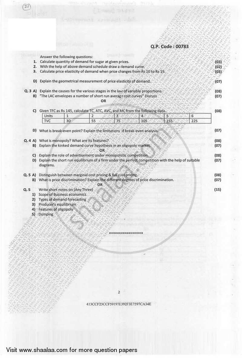 Business Economics 1 2016-2017 - B.Com. - Semester 1 (FYBAF) - University of Mumbai question paper with PDF download