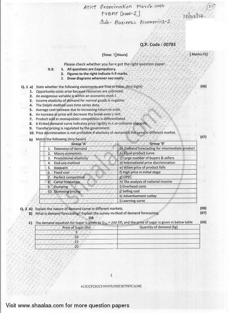 Business Economics 1 2016-2017 - B.Com. - Semester 1 (FYBAF) - University of Mumbai question paper with PDF download