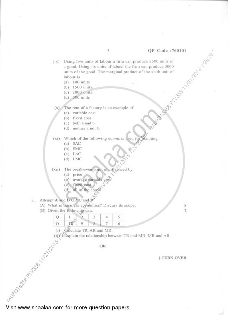 Business Economics 1 2016-2017 - B.Com. - Semester 1 (FYBcom) - University of Mumbai question paper with PDF download