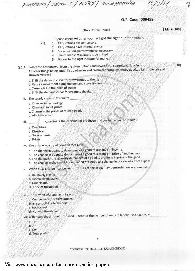 Business Economics 1 2016-2017 - B.Com. - Semester 1 (FYBcom) - University of Mumbai question paper with PDF download