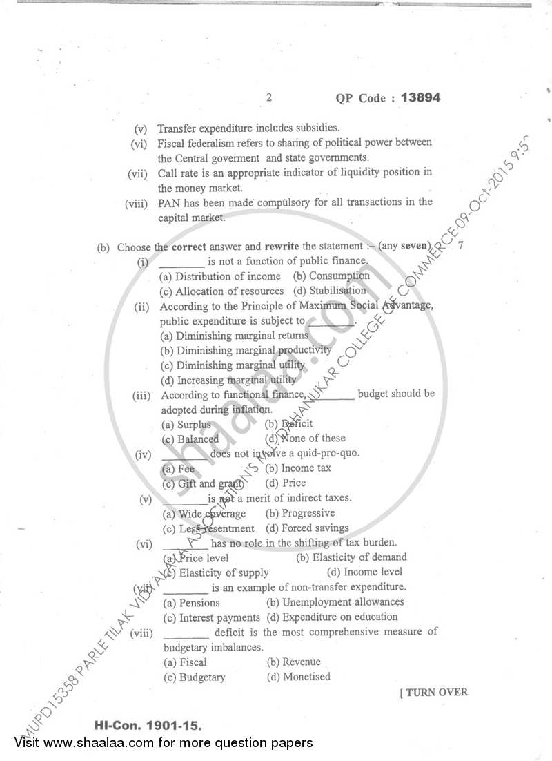 Business Economics 5 2015-2016 - B.Com. - Semester 5 (TYBcom) - University of Mumbai question paper with PDF download