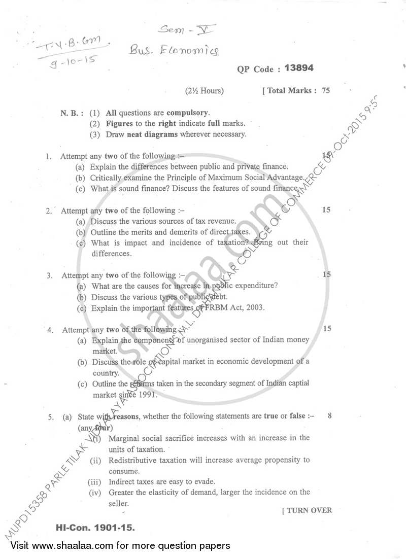 Business Economics 5 2015-2016 - B.Com. - Semester 5 (TYBcom) - University of Mumbai question paper with PDF download