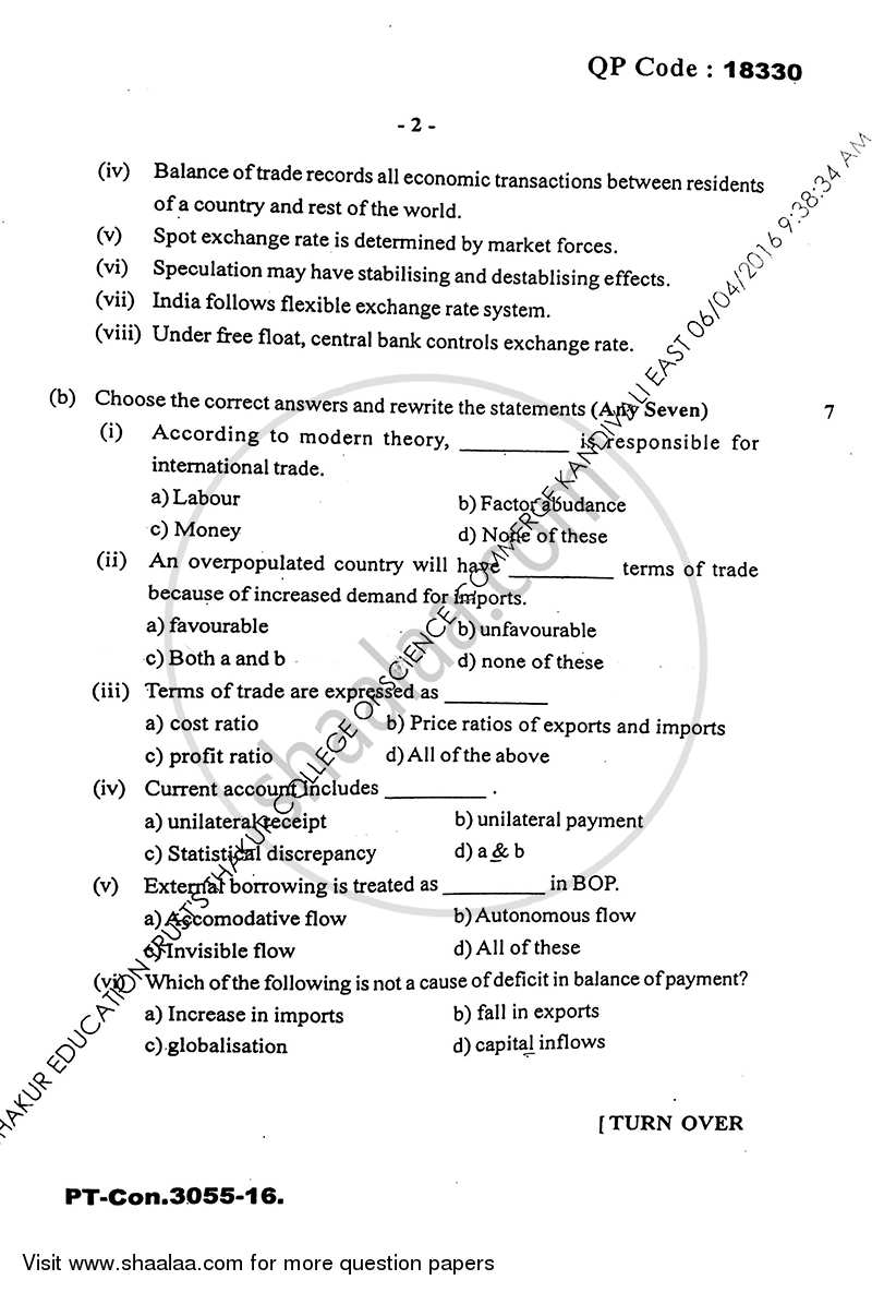 Business Economics 6 2015-2016 - B.Com. - Semester 6 (TYBcom) - University of Mumbai question paper with PDF download