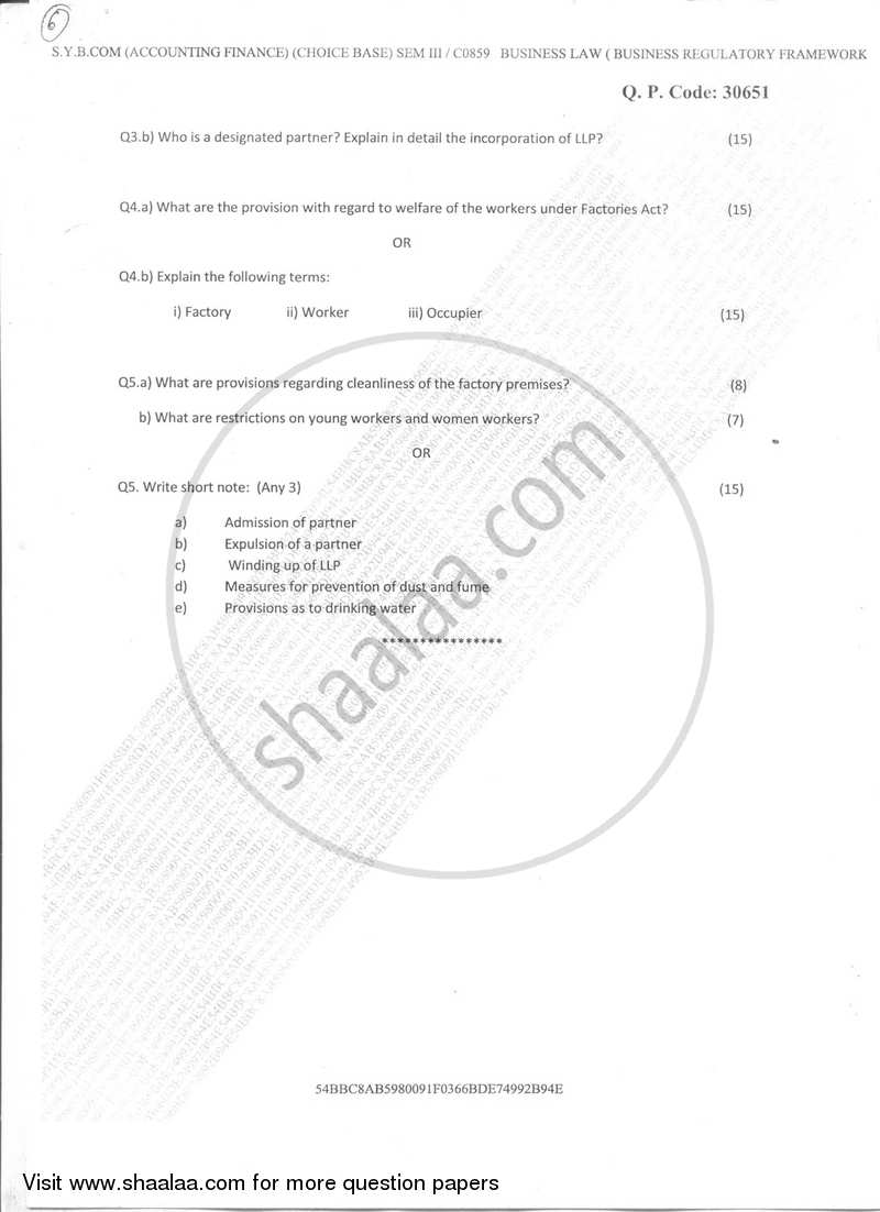 Business Law Paper 2 (Business Regulatory Framework) 2017-2018 - B.Com. - Semester 3 (SYBAF) - University of Mumbai question paper with PDF download