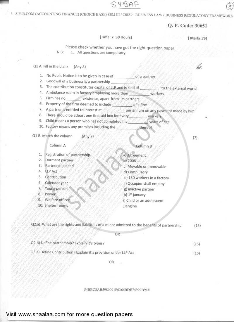 Business Law Paper 2 (Business Regulatory Framework) 2017-2018 - B.Com. - Semester 3 (SYBAF) - University of Mumbai question paper with PDF download