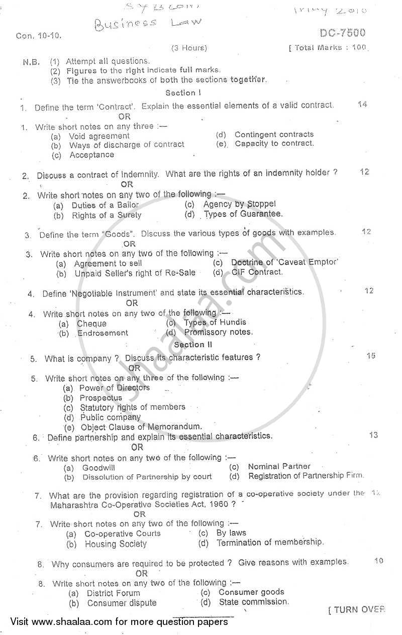 Business Law 2009-2010 - B.Com. - 2nd Year (SYBcom) - University of Mumbai question paper with PDF download