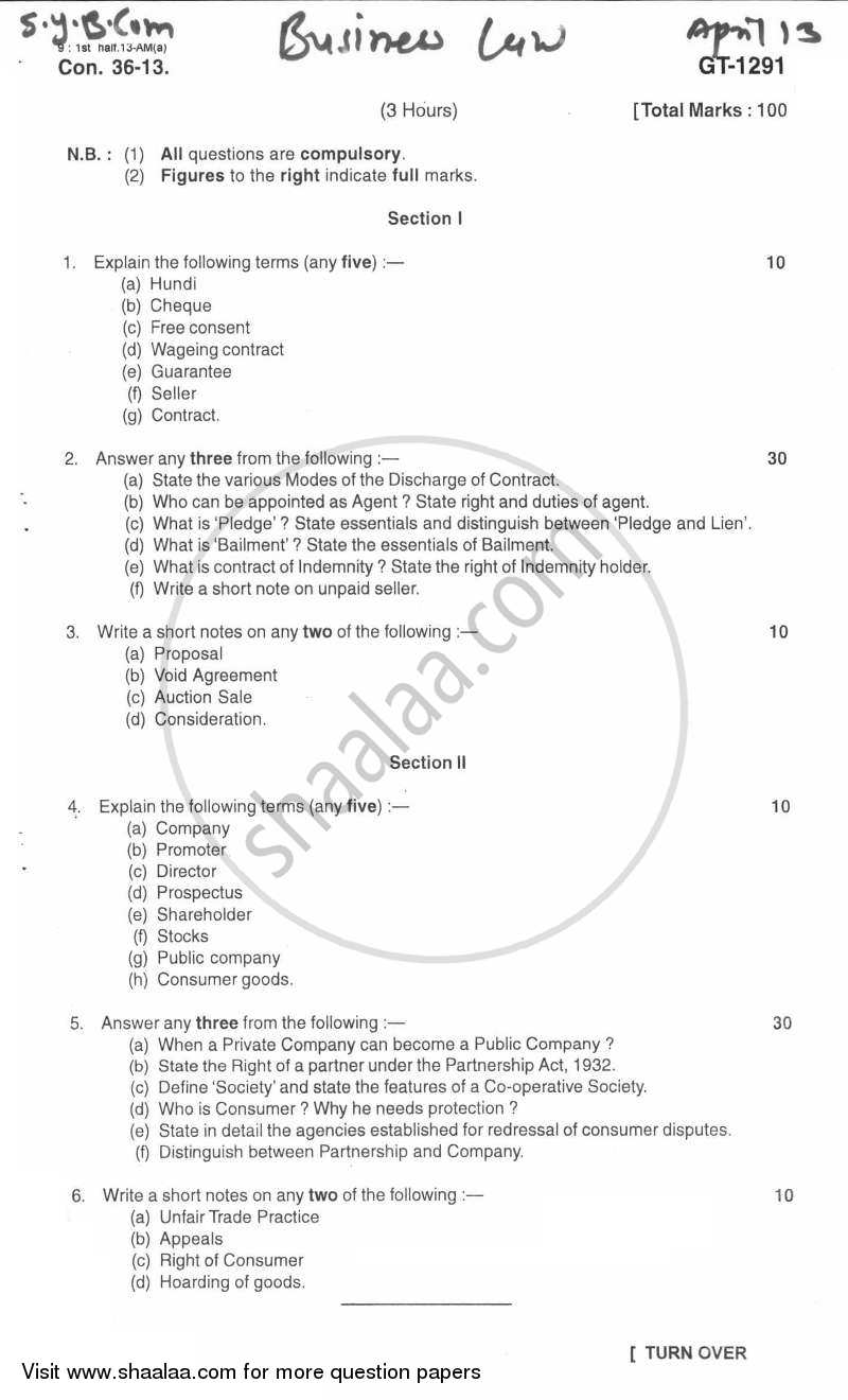 Business Law 2012-2013 - B.Com. - 2nd Year (SYBcom) - University of Mumbai question paper with PDF download