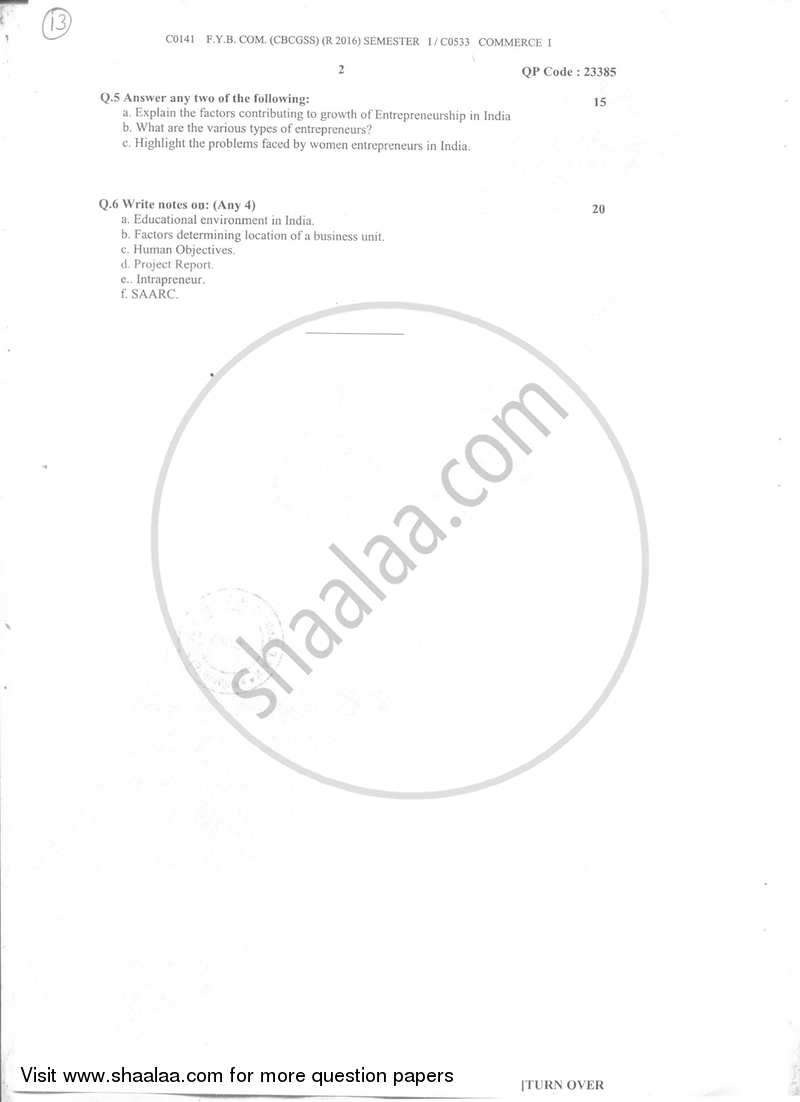 Commerce 1 2017-2018 - B.Com. - Semester 1 (FYBcom) - University of Mumbai question paper with PDF download