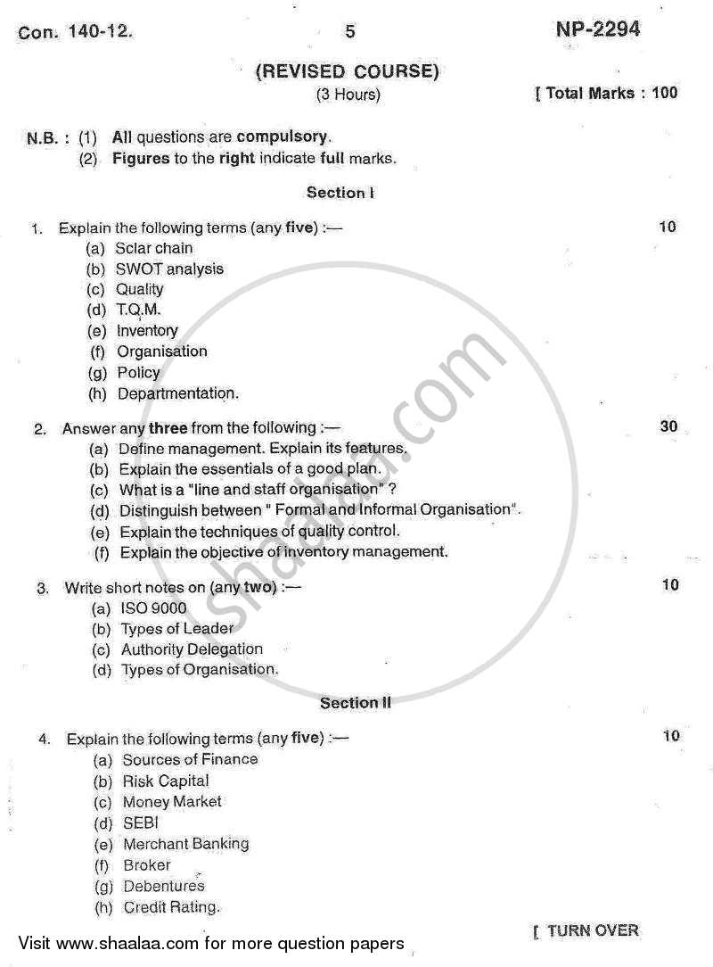 Commerce 2 - Management Function and Challenges : Production and Finance 2012-2013 - B.Com. - 2nd Year (SYBcom) - University of Mumbai question paper with PDF download