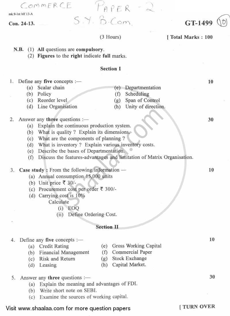 Commerce 2 - Management Function and Challenges : Production and Finance 2012-2013 - B.Com. - 2nd Year (SYBcom) - University of Mumbai question paper with PDF download