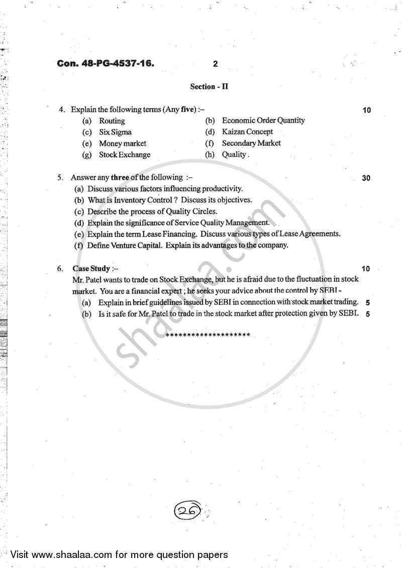 Commerce 2 - Management Function and Challenges : Production and Finance 2016-2017 - B.Com. - 2nd Year (SYBcom) - University of Mumbai question paper with PDF download